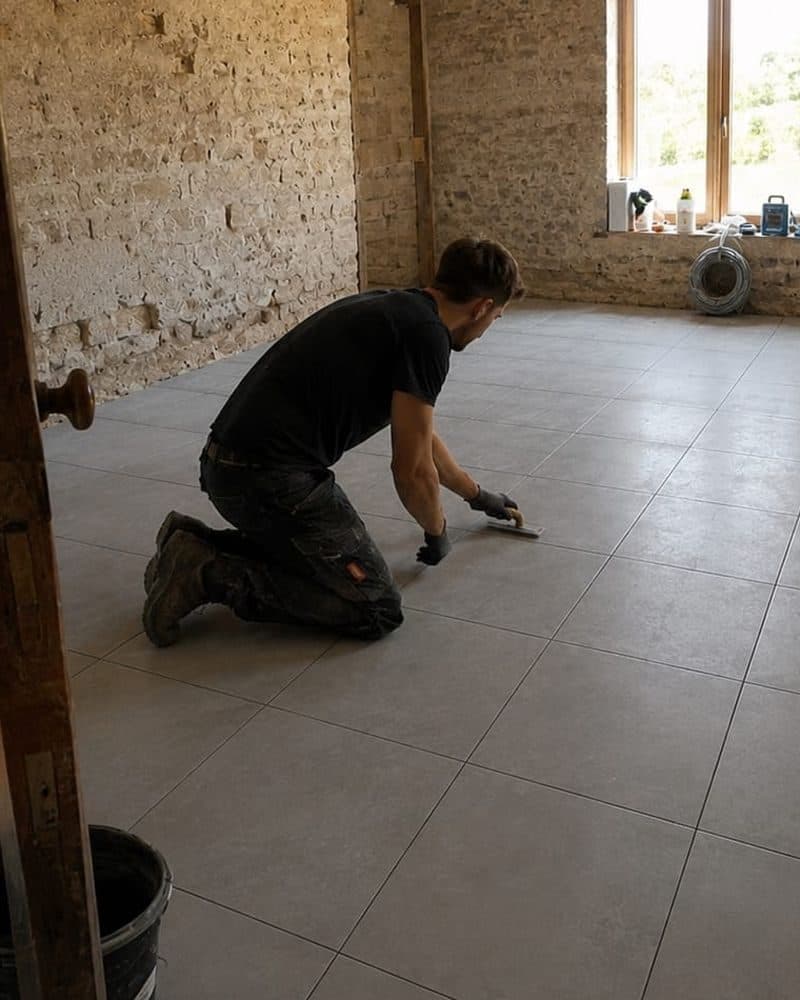 Sébastien Deproot sur un chantier, quand il posait encore du carrelage.